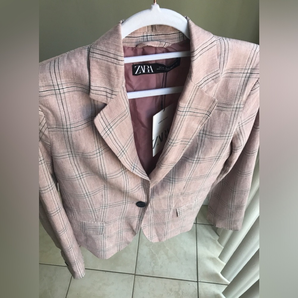 NWT! Zara Tailored Linen Blend Plaid Blazer In Dusty Pink Size: US 6 EUR 38 - Picture 4 of 15